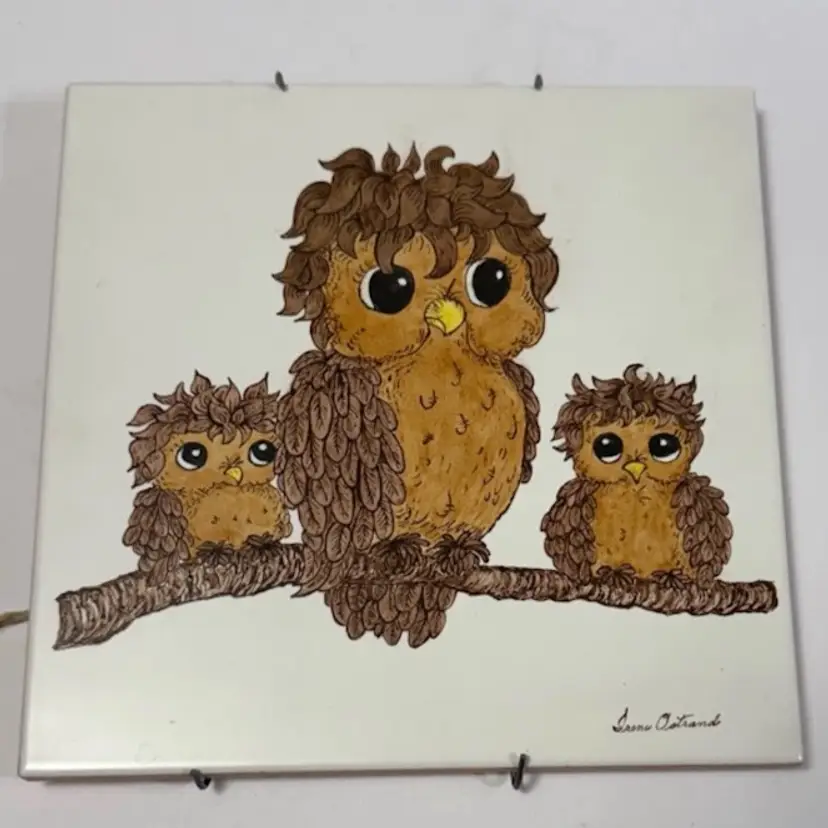 Vintage 1983 Irene Ostrand Momma Owl & Babies Painting On Tile Wall Plaque