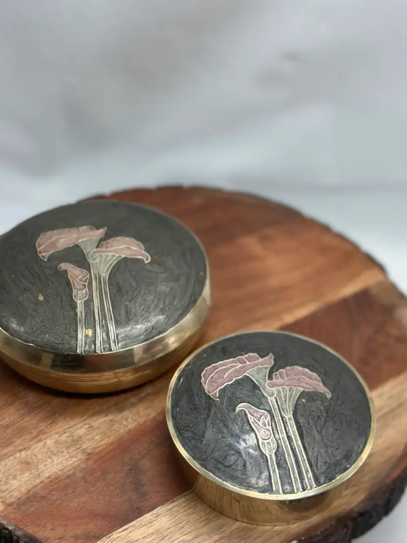 Vintage MCM Brass Enamel Lily Lidded Catch All Trinket Jewelry Dresser Boxes Pair