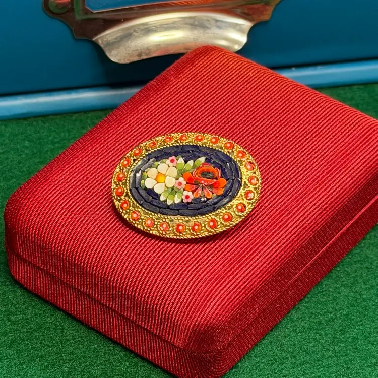 Micro Mosaic Brooch Pin Oval Blue Background Florals Red Flower Border Italy