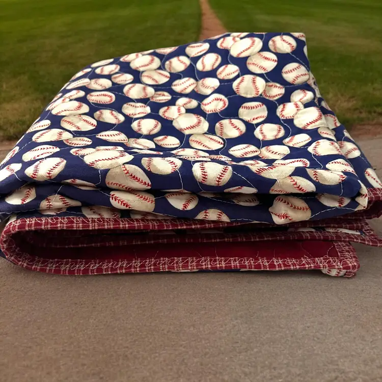 Quilted Baby Blanket Baseball Sports Theme 40" x 42" Handmade