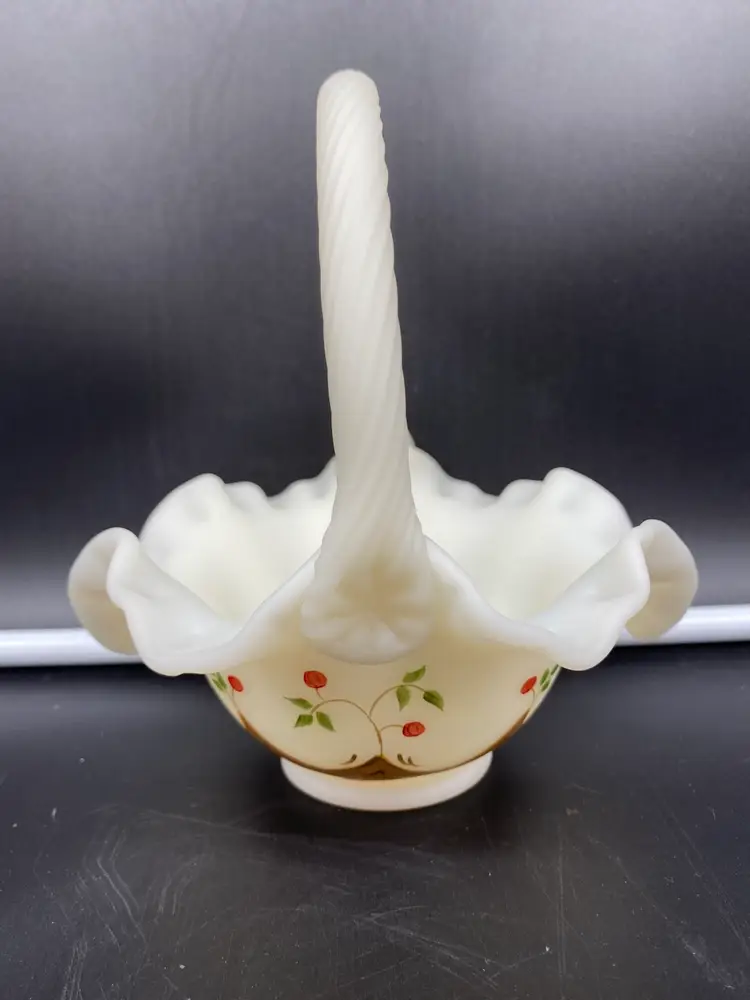 Fenton White Custard Ruffled Basket Twisted Handle Hand Painted Berries Signed