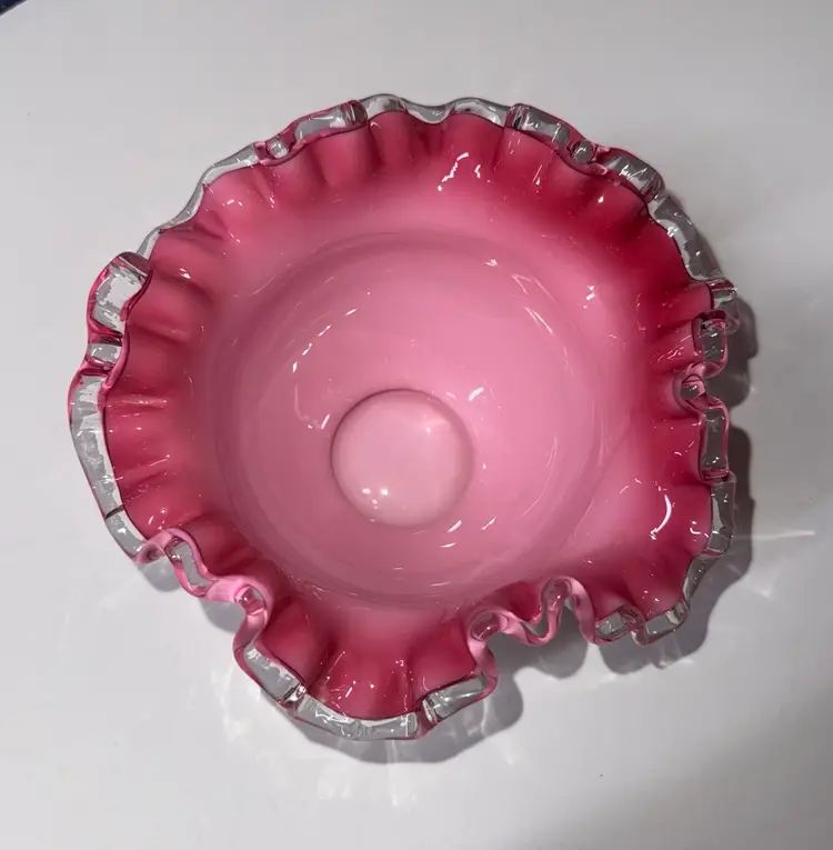 Fenton Milk Glass White and Pink Silver Crest Ruffled Bowl 6.5" diameter