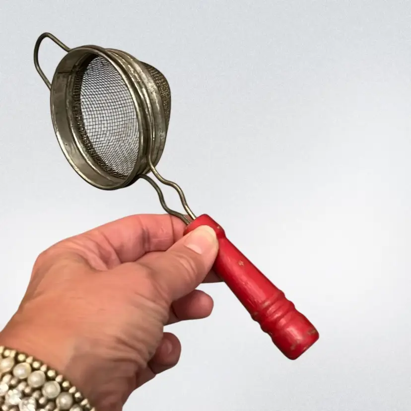 Vintage Strainer- Red Spindle Style Wood Handle- Wire Mesh- Farmhouse Kitchen Utensil- 8”
