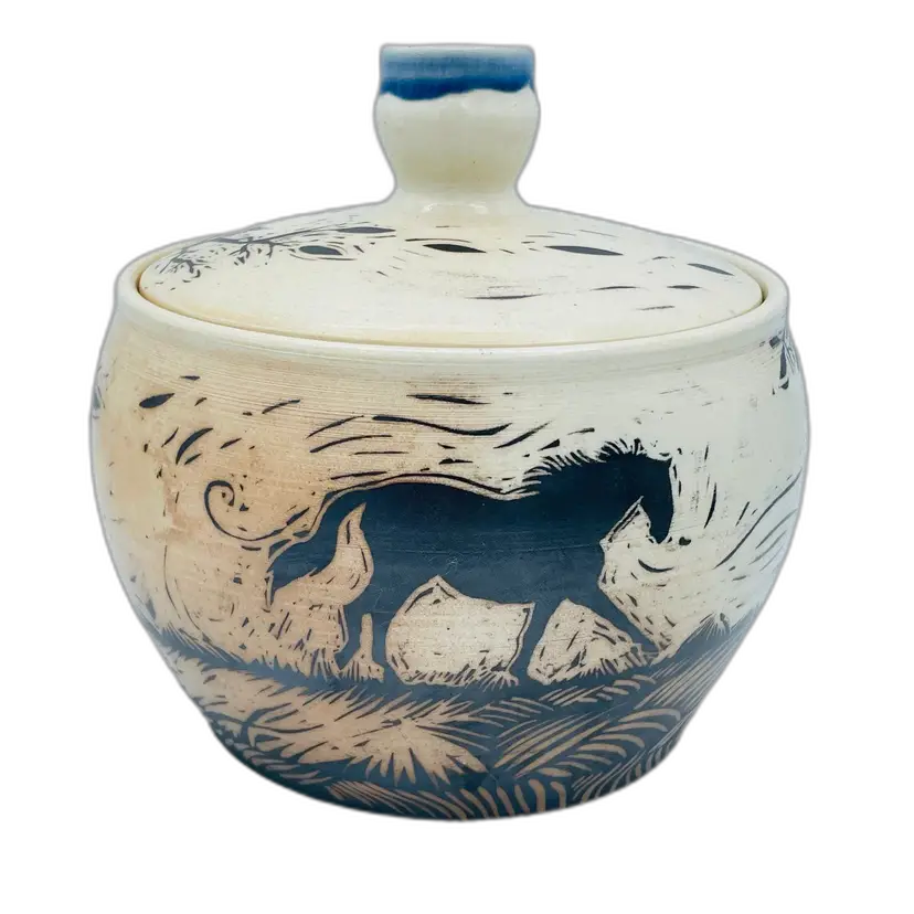 Handmade Stacey Stanhope Dundon Pottery Decorative Lidded Dish w Horse & Rooster