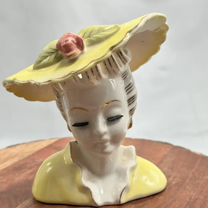 Vintage Lady Head Vase Glamour Girl Yellow Hat Pink Flower Lashes Gold Gilt