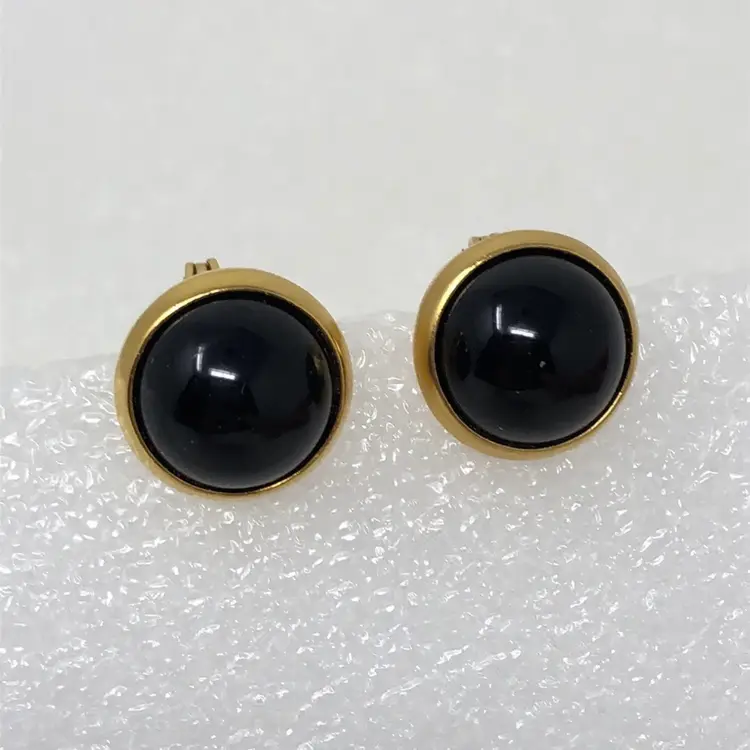 MONET Vintage Earrings Black Cabochon And Gold Tone Clip On Style