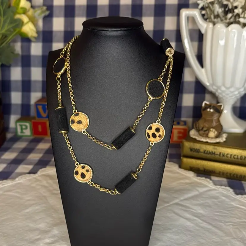 Signed Chico’s Gold-Tone Faux Suede & Leather Animal Print Necklace