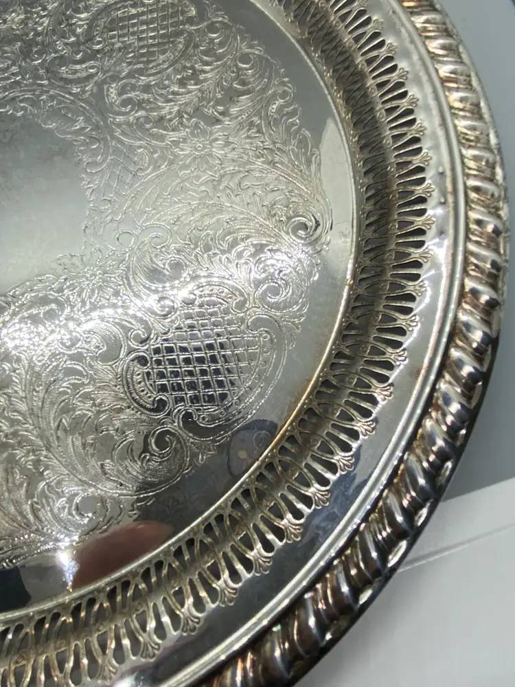 Vintage Leonard Silver EP Reticulated Round Serving Platter Plate Tray 12.5"