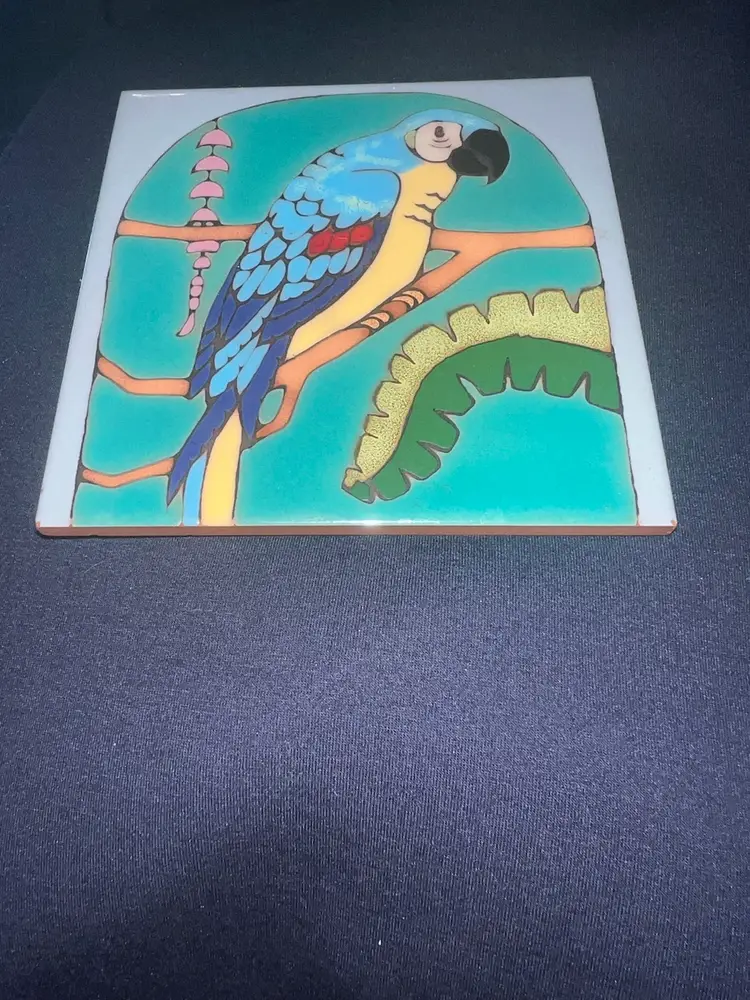 Vtg Terra Cotta Pottery Triton Tile Hand Painted U.S.A. Parrot Bird Art Trivet