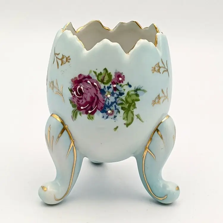 Vintage Painted Porcelain Pink Roses on Sky Blue Cracked Egg Shape 3 Footed Vase