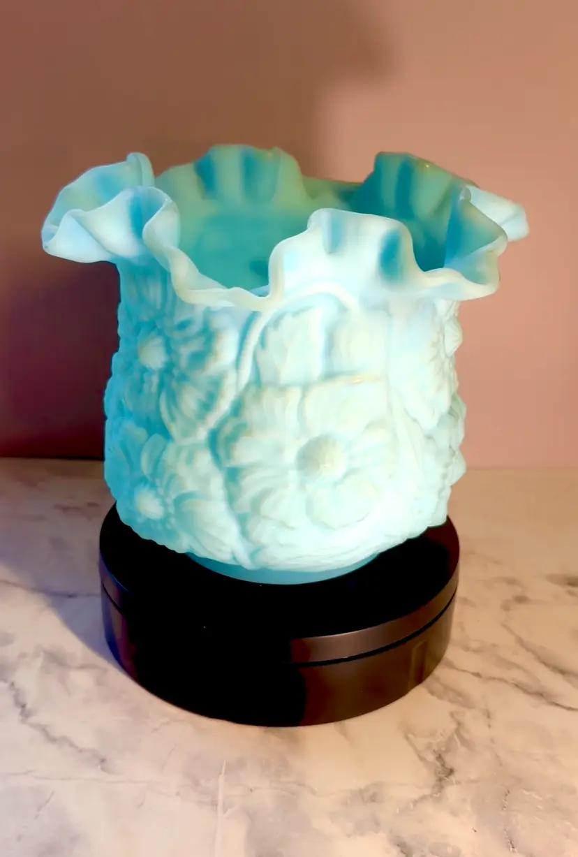 Vintage Fenton Blue Satin Glass Vase w/Poppy Design & Ruffled Edge