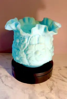 Vintage Fenton Blue Satin Glass Vase w/Poppy Design & Ruffled Edge