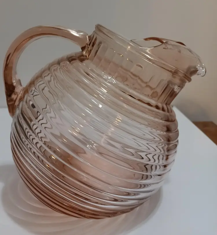 Vintage Anchor Hocking Manhattan Pink Depression Glass Tilted Ball Jug, Horizontal Ribbed; Circa 1930's
