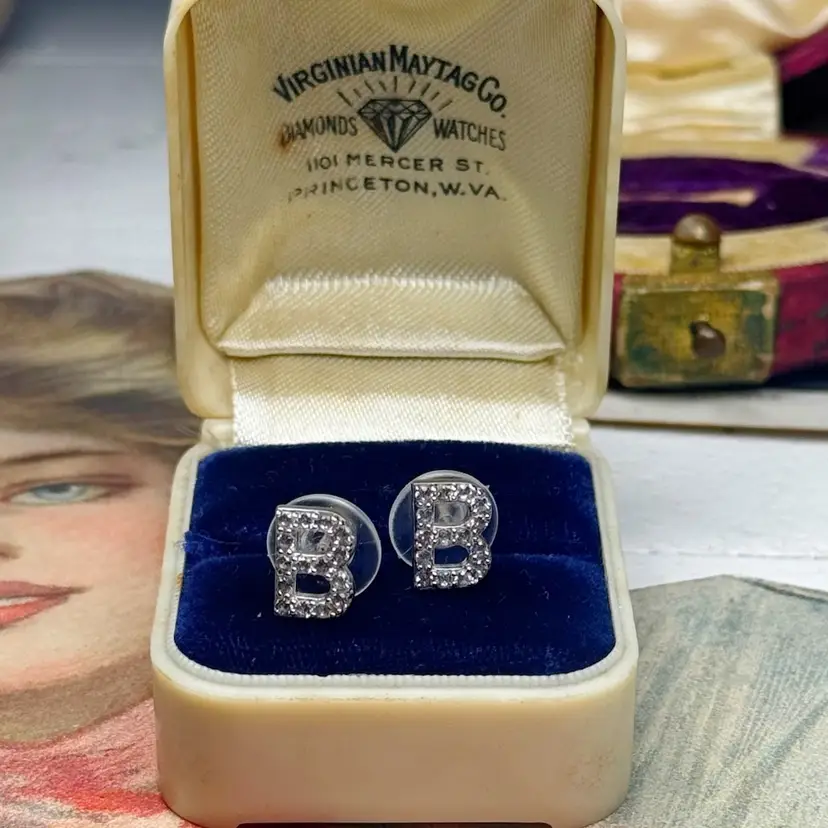 Sterling Silver White Sapphire “B” Stud Earrings