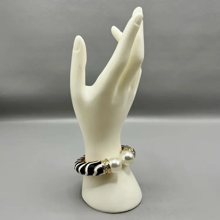 Gold Tone Zebra Enamel Hinged Bangle Bracelet Faux Pearl Rhinestone Statement 5.75"