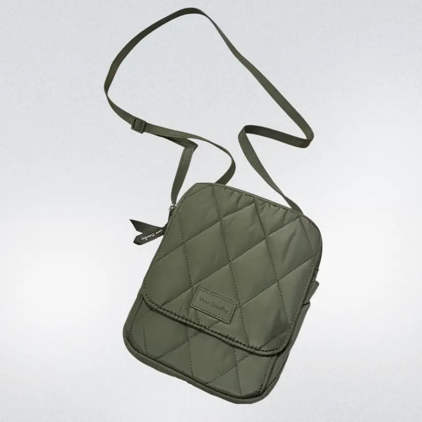 Vera Bradley -RFID Cross Body Purse- Olive Green Quilted Nylon- Pretty Floral Lining- 6”x 7.5”