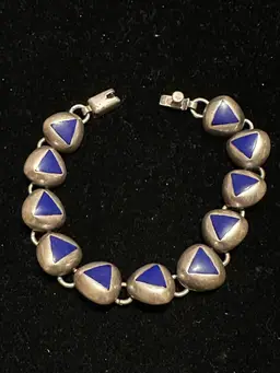 Vintage Mexico Sterling Silver & Blue Stone Bracelet Triangle Link Bracelet