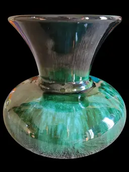 Blue mountain pottery vase blue-green drip glaze 1967to72  5" t x 5.5" w