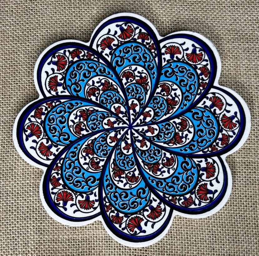 Turkish Patterned Flower Stoneware Trivet Red White Blue Folk Art Cottage Core