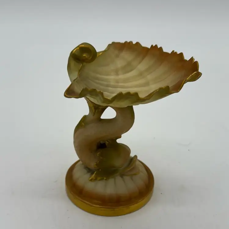 Figurine Trinket Bowl Antique Royal Worcester Blush Ivory Dolphin Clam Sea Shell Pedestal 4”H