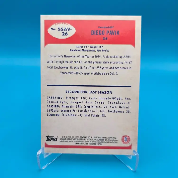 Diego Pavia 2025 Bowman U Chrome Football '55 Retro Gold 7/50 Vanderbilt Commodores
