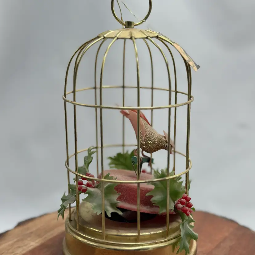 Vintage Schmid Brothers Singing Music Bird in Gold Metal Cage Japan 12 Days Of Xmas