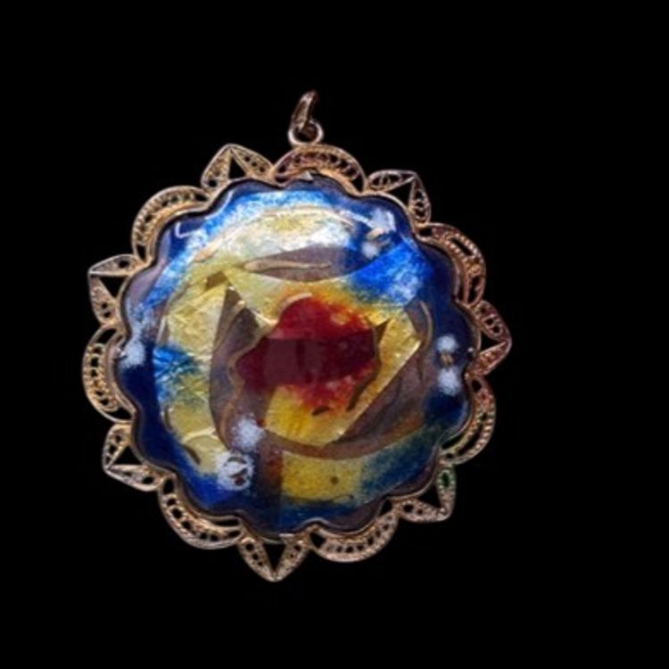 Blue Yellow & Red Abstract Enamel On Metal Filigree Good Tone Metal Pendant 1.75”