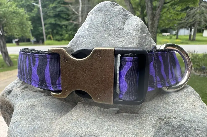 Dog Collar Purple Zebra Print Large Handmade Heavy Duty W/Buckle NEW