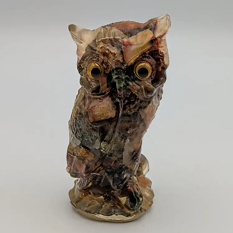 Vintage Lucite Vomit Art Owl Petrified Wood Figurine 70s