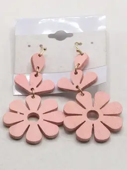 Pink Wooden Flower Dangle Pierced Earrings
