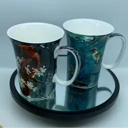 #1025 Two McIntosh Bone Mugs Robert Bateman Ruby Throat Columbine Humming Birds Signed Spring Cardinal