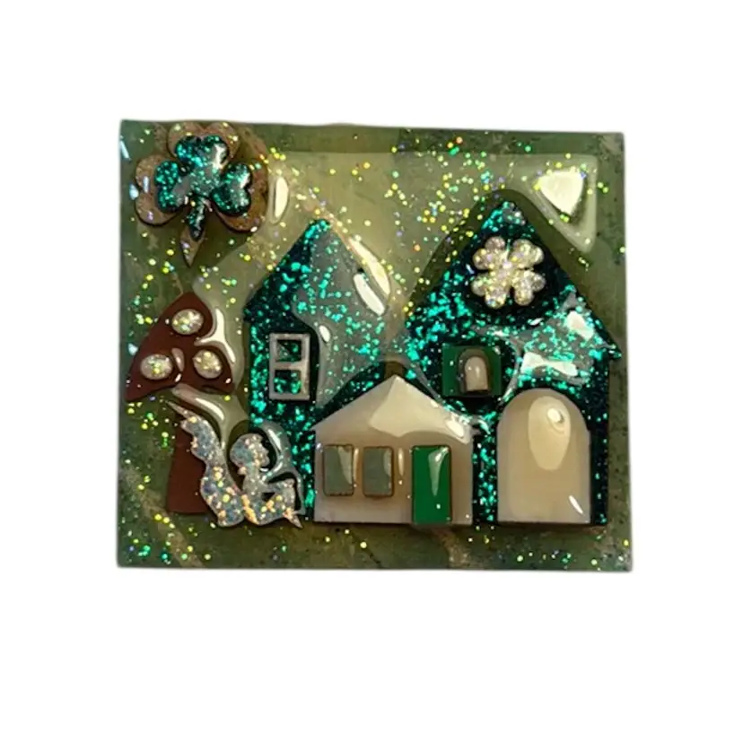 RARE Lucinda St. Patrick’s Day Pin- Lucky Clover Shamrocks, Fairy, Glitter, Houses 2”