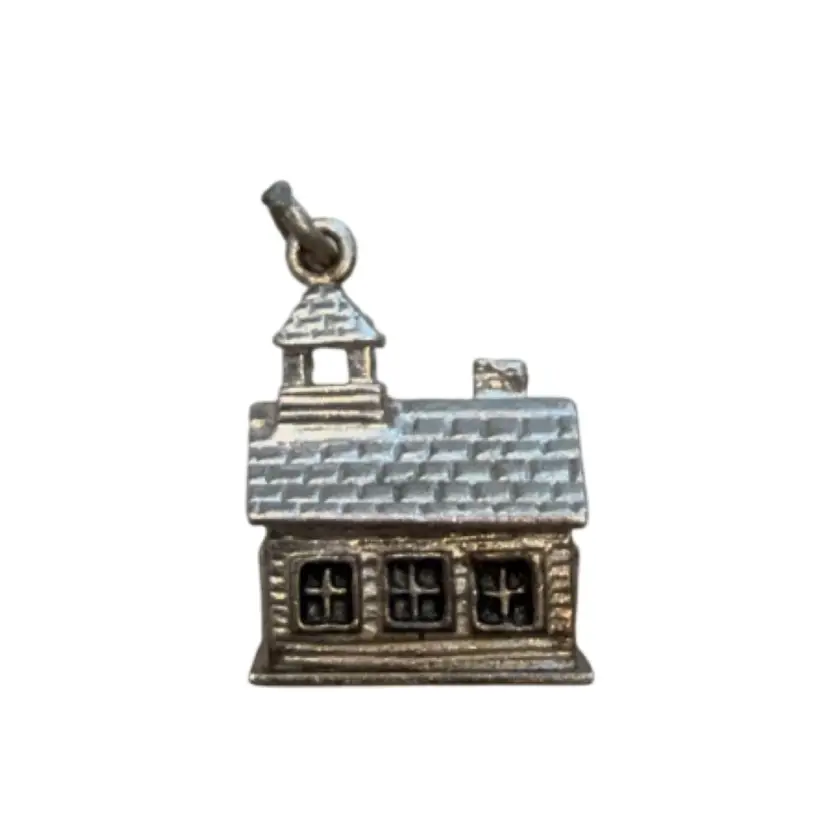 Vintage Wells Sterling Silver 3D Old Schoolhouse Church Charm Pendant