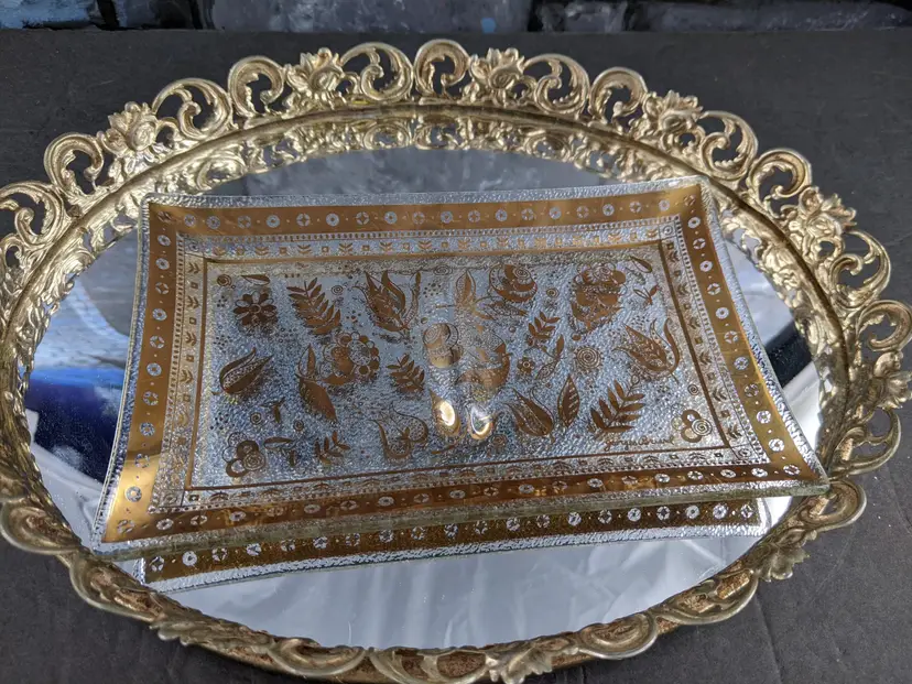 George Briard Persian Garden Mid Century Gold Glass divided Plate Trinket Dish MCM 8"x 4 3/4"