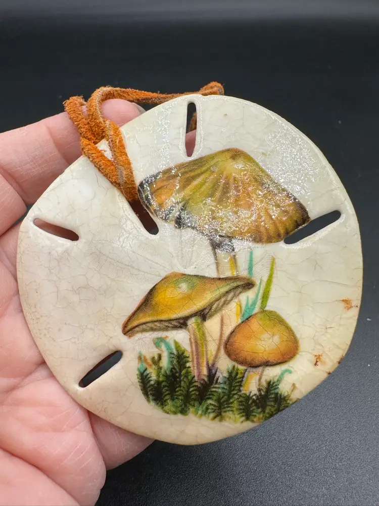 Vintage Hand Painted Mushroom Sand Dollar Necklace