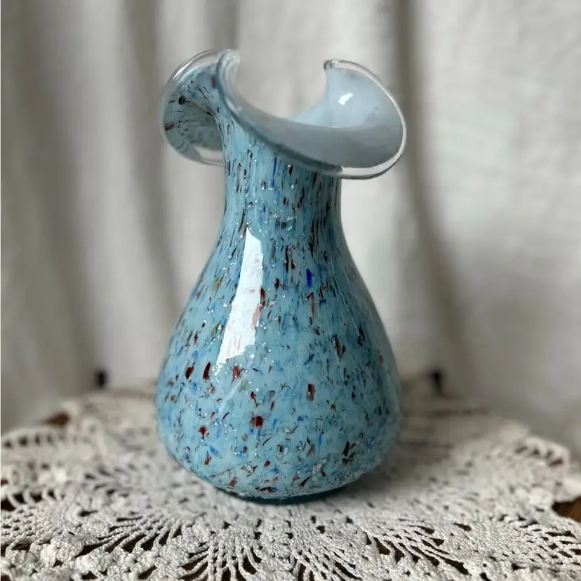 HAND BLOWN MURANO STYLE BLUE CONFETTI VASE W/SILVER FLECKS 7.5” TALL