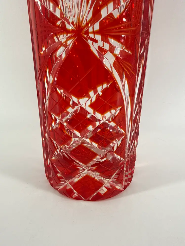 Ruby Red Cut To Clear 12" Vase Diamond & Fan Pattern