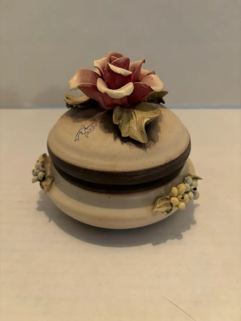 Vintage Capodimonte Floral Trinket Box Made in Italy Porcelain Round Cream Color
