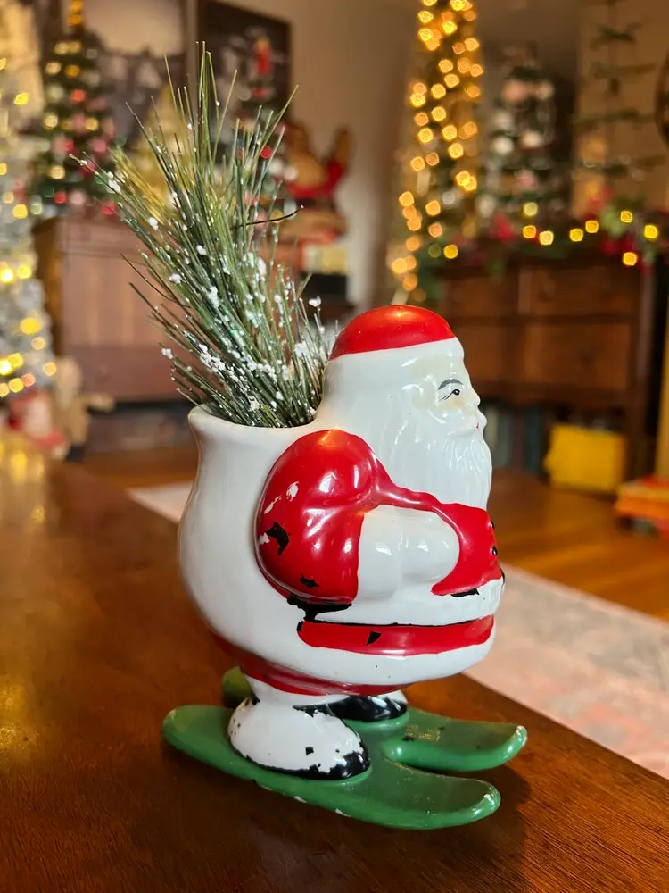 Vintage Ceramic Santa Planter With Greenery