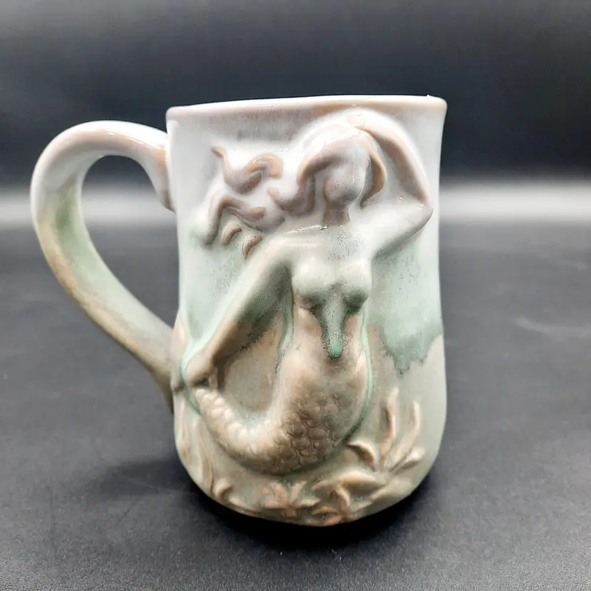 Mermaid Stoneware Mug Raised Figure Beige Green Tan