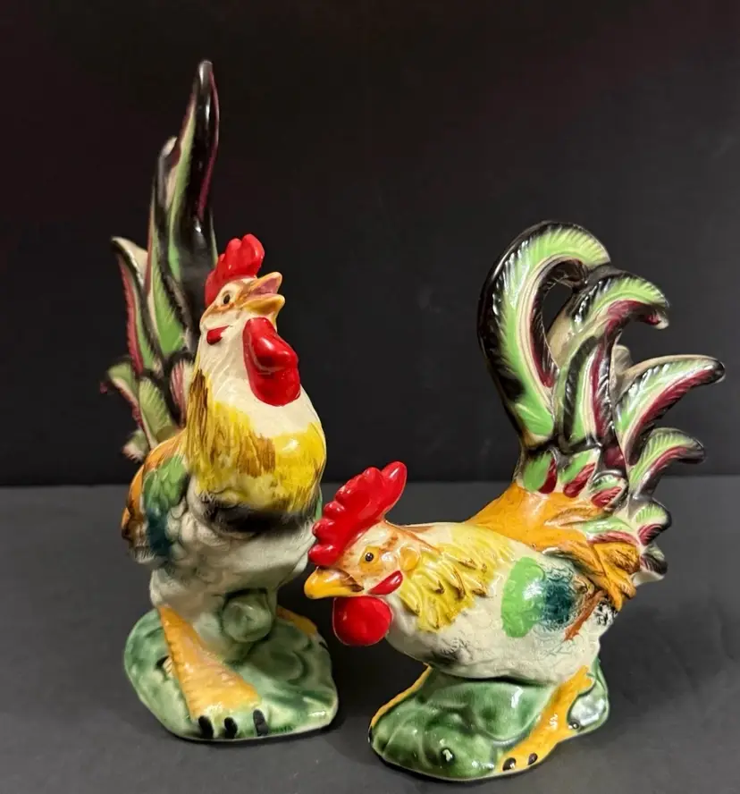 Vintage Ceramic Rooster Figurine Japanese Made 8" And 6" 2 Pieces