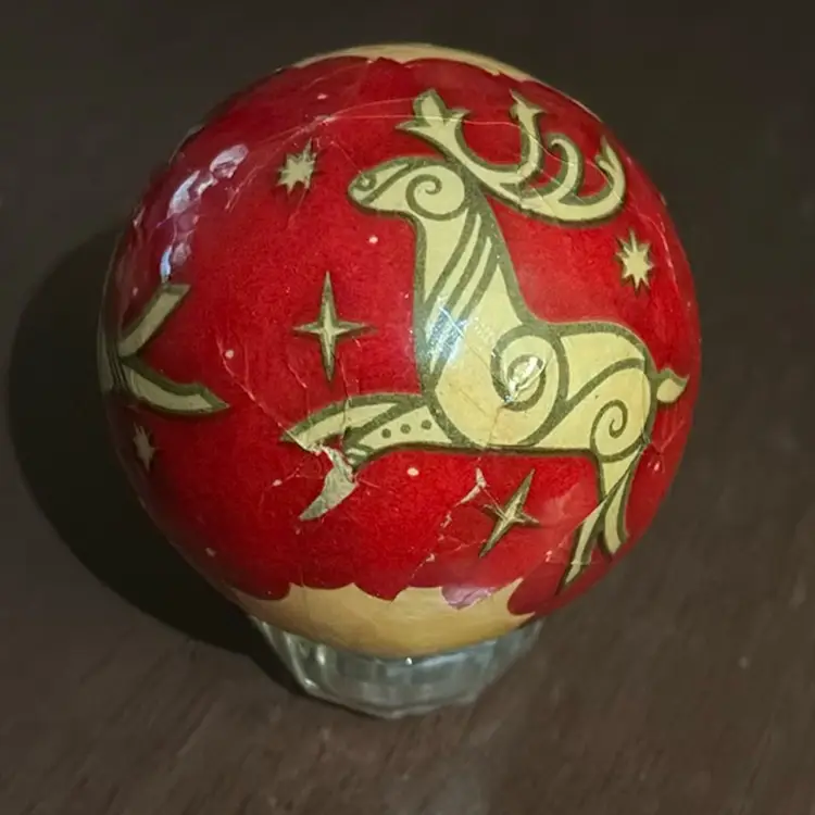 Paper Mache Christmas Ornament Red With Reindeer