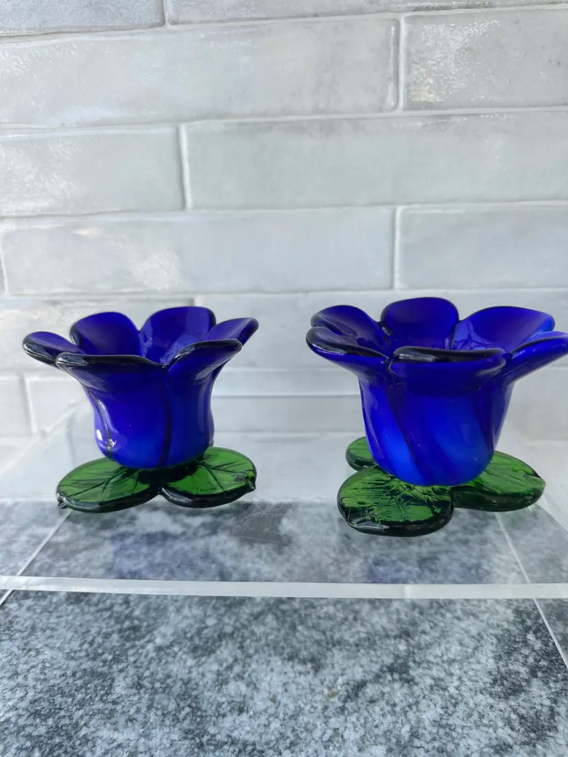 Pair Colbalt Blue & GreenArt Glass Flower Candle Holders / Bud Vases 3 1/2" T