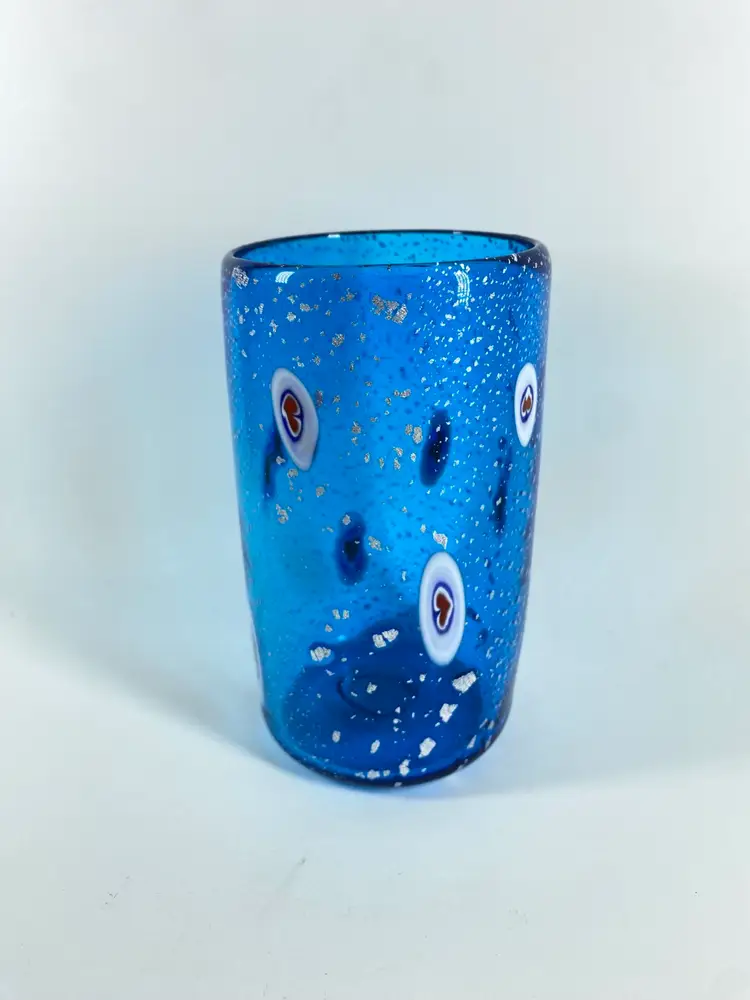 Art Glass Heart Millefiori Silver Flakes Blue Tumbler