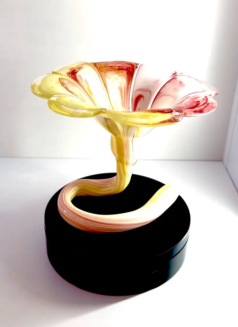 Vintage Hand Blown Art Nouveau Style Pink, Yellow, White Swirl Flower Vase