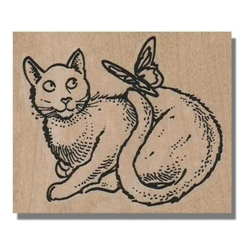 Cat With Butterfly On Tail Rubber Stamp