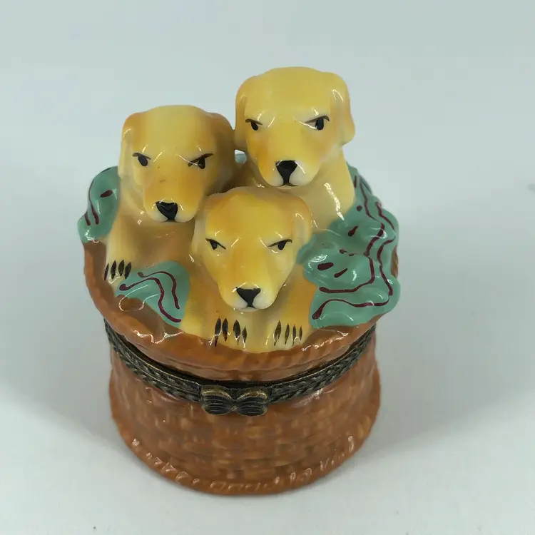 Puppy Dogs in Basket Trinket Box with Bone Trinket