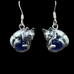 Sterling Silver And Glass Cat Dangle Earrings