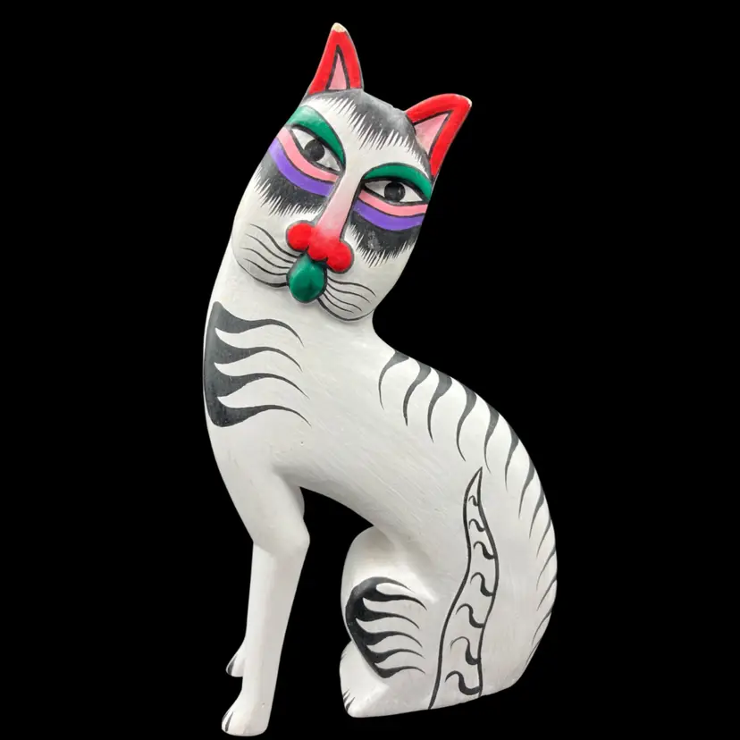 BIN - Vintage Black And White Painted Wooden Cat 6.25”