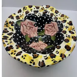 Pottery Pedestal Bowl Floral And Leopard Pattern Hand Made 8”x4”
